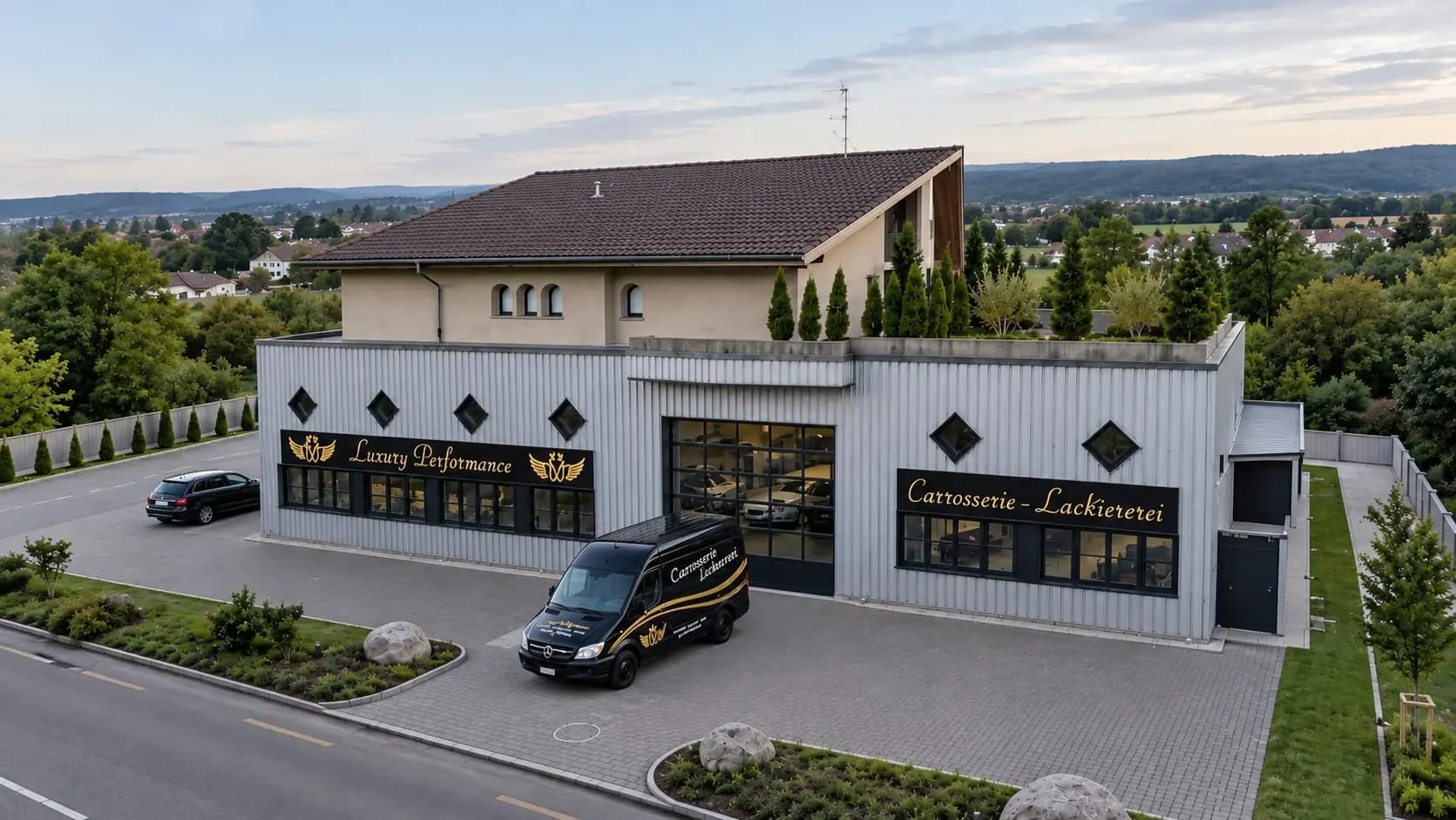 Luftaufnahme von Luxury Performance, Carrosserie und Lackiererei in Frauenfeld